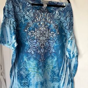 Catherines Blue Multi-Print Embellished Cold-Shoulder Tunic Top